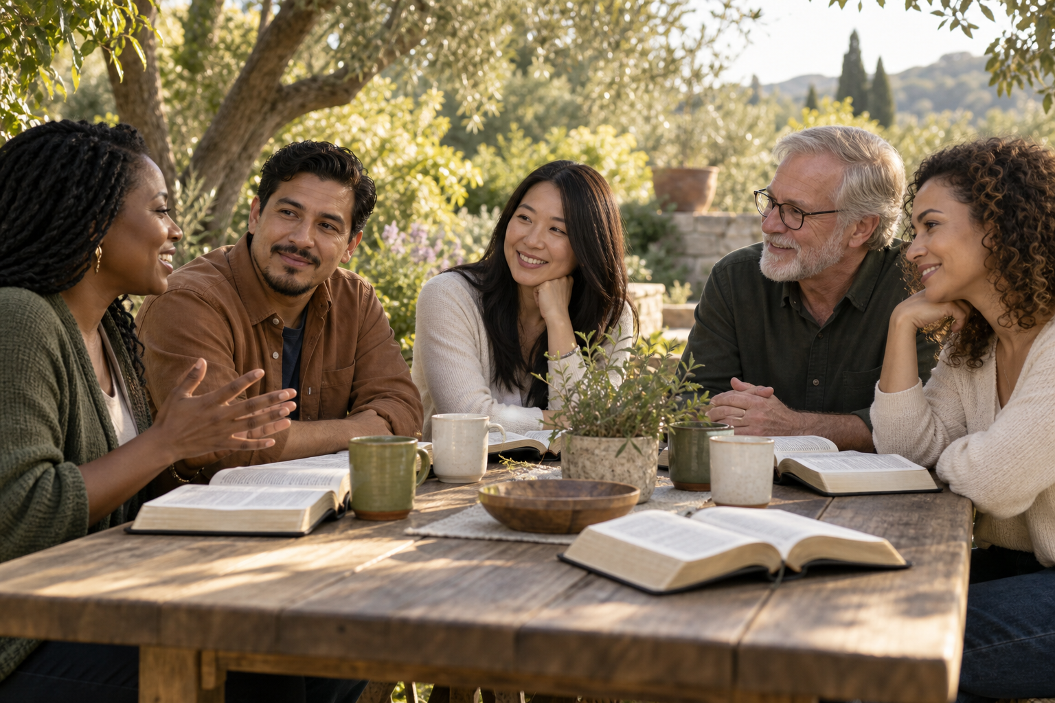 Friends sharing conversation and reading open Bibles together at a garden table.